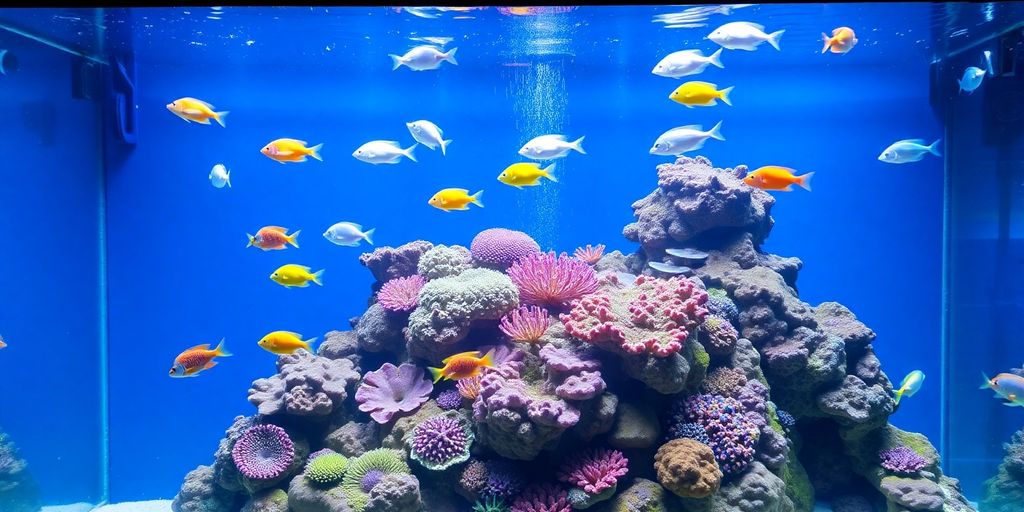 Colorful saltwater fish swimming in a coral reef tank.