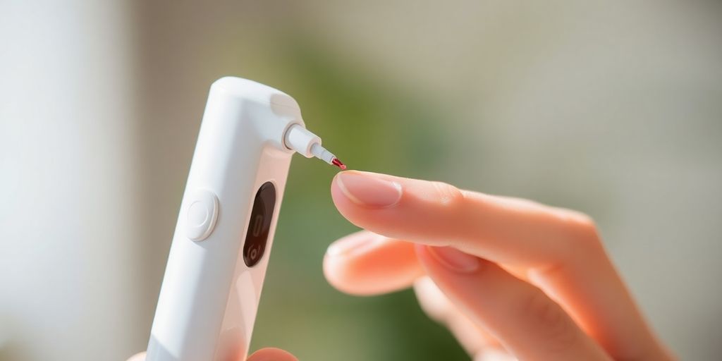 Close-up of lancing device on fingertip.