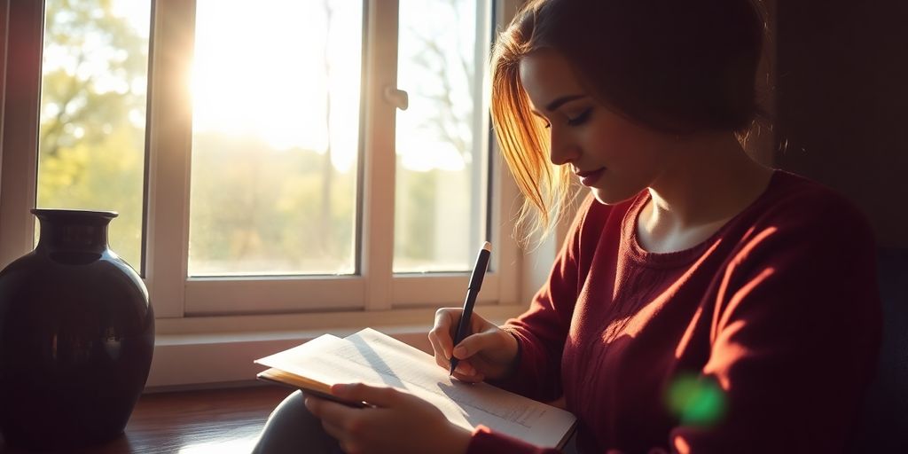 Person writing goals in a journal by a window.