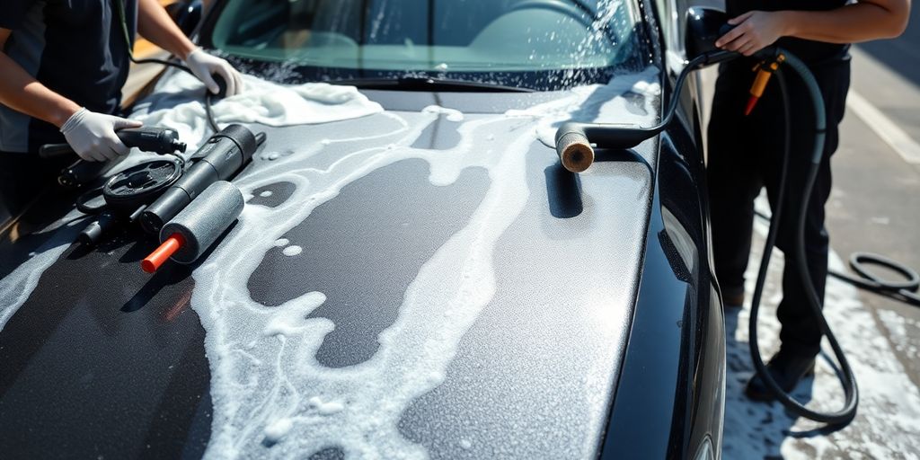 Car wash scene with detailing professionals and foam.