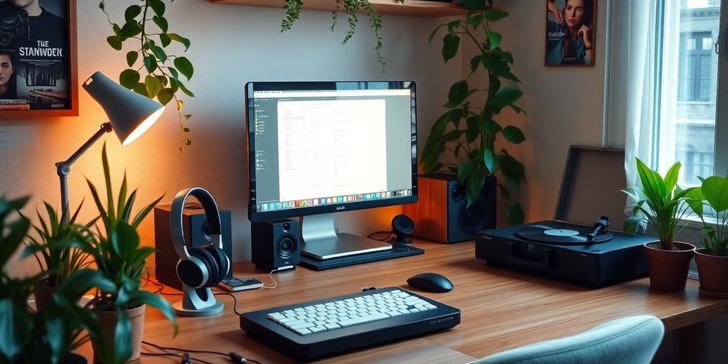Cozy workspace with headphones and vinyl record player.