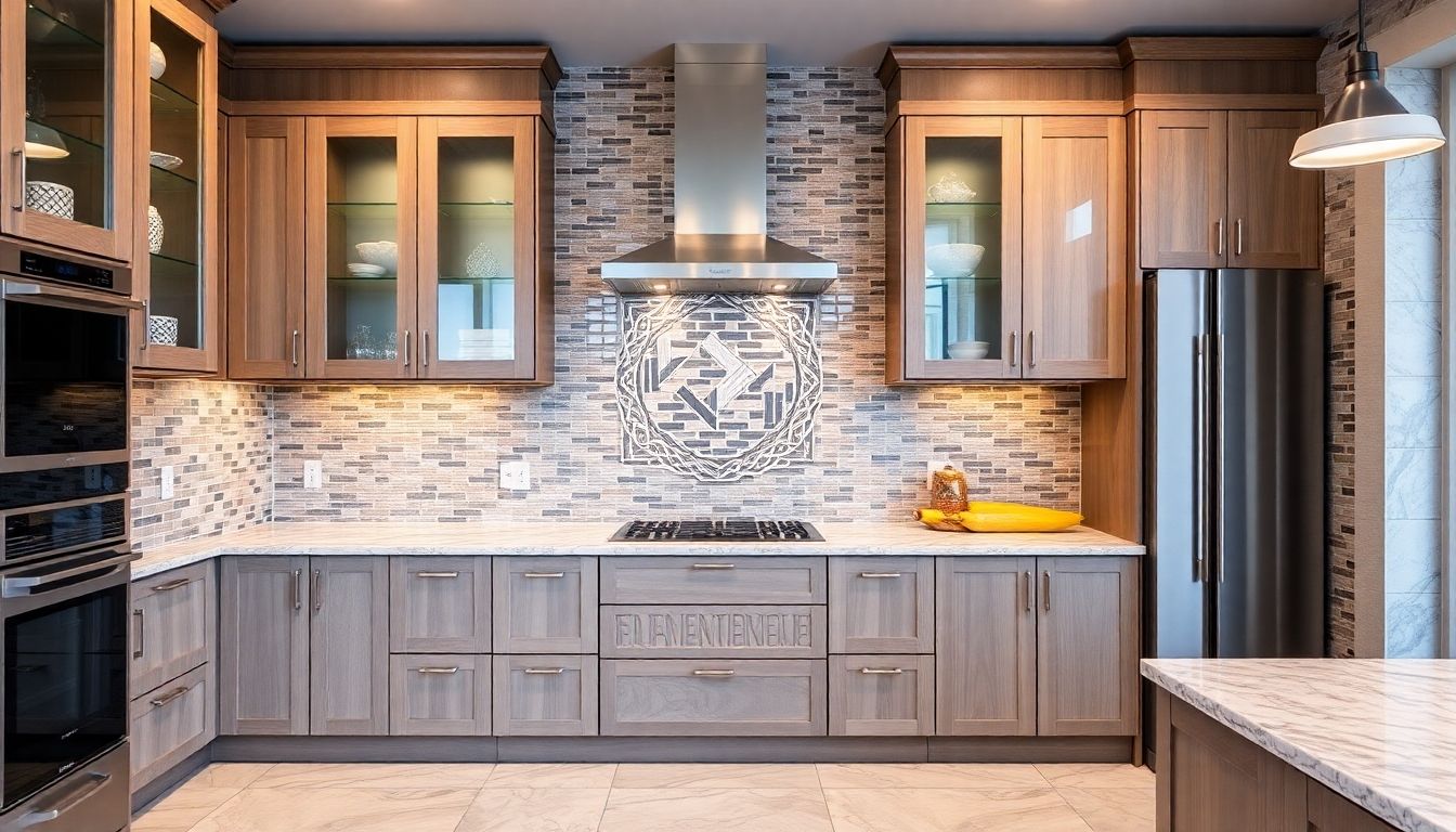 Modern tiled kitchen with elegant design and warm tones.