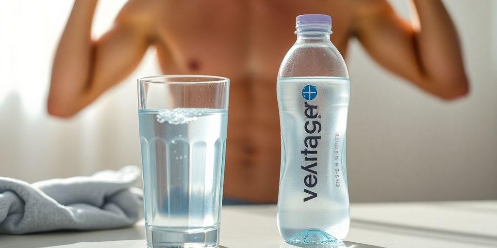 Refreshing water glass and bottle with athletic person.