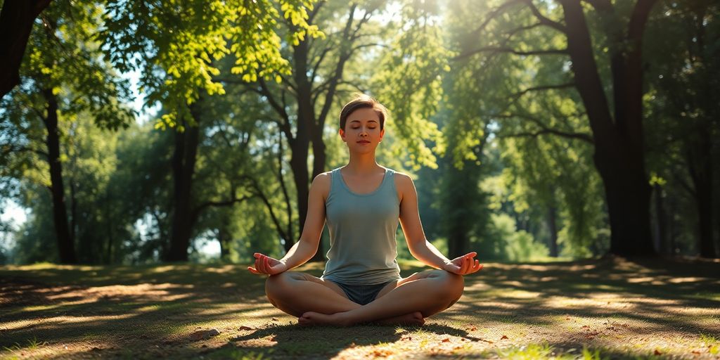 Person meditating in nature, surrounded by sunlight and trees.