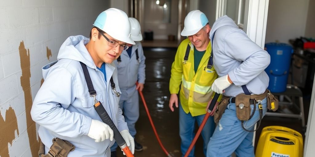 Restoration professionals working on a water-damaged area.