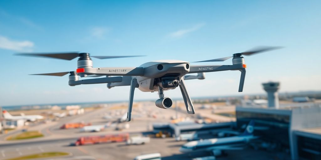 Vue aérienne d'un drone de surveillance sur un aéroport.