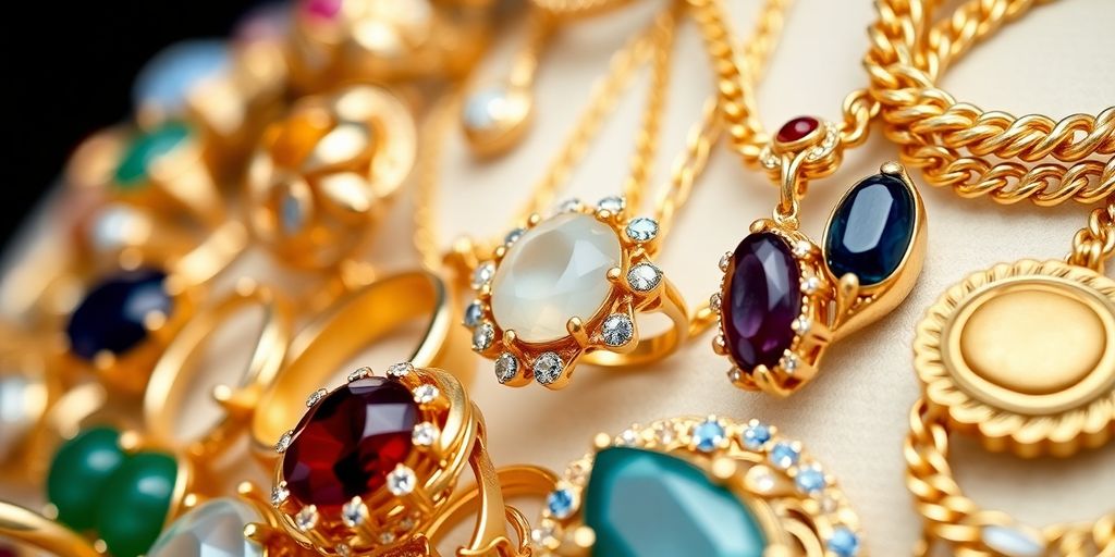 Bijoux en or variés sur fond neutre.