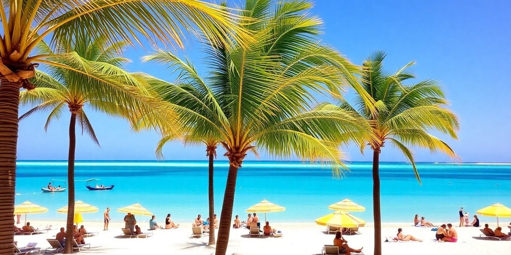 Vibrant beach scene at Paradisus Cabo with palm trees.