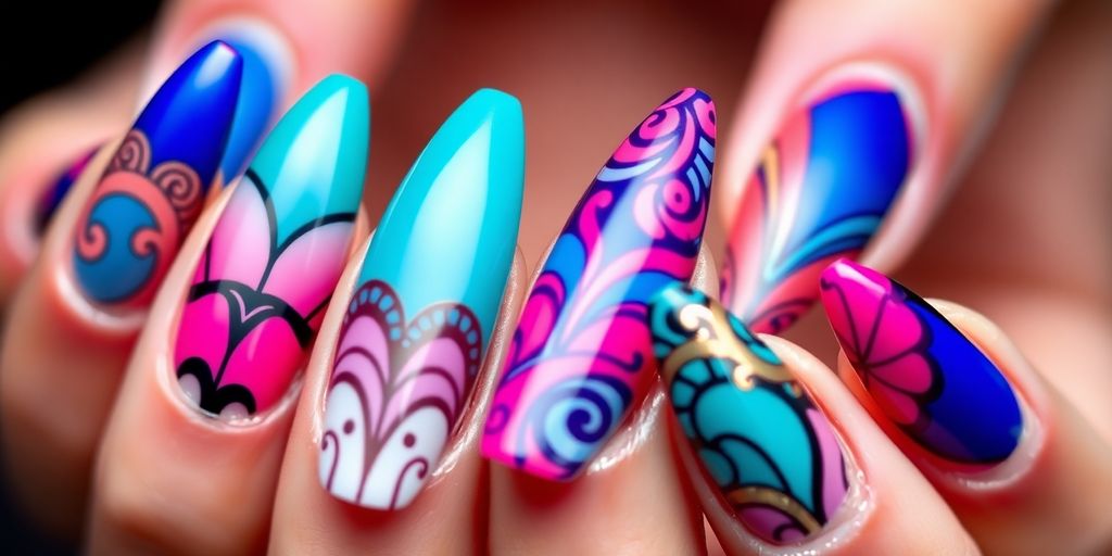 Unhas stiletto coloridas com designs criativos e ousados.