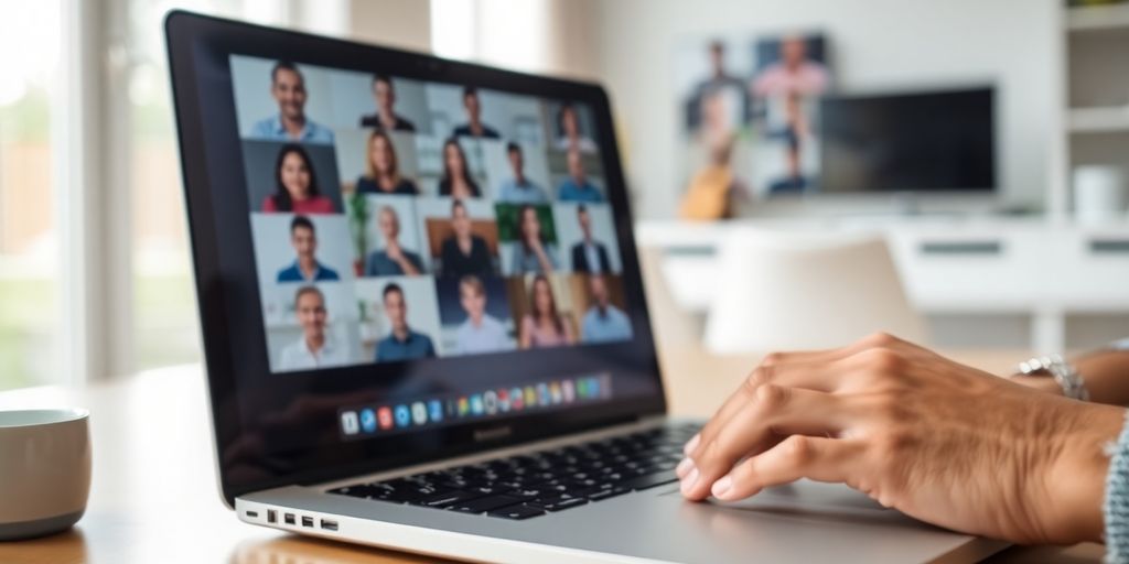 Laptop, video call, person working remotely, professional setting.