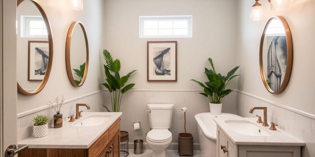 Updated bathroom with stylish decor and personal touches.