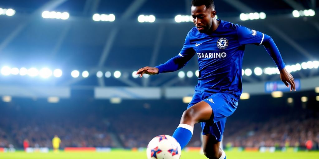 Hugo Ekitike in Chelsea jersey, holding soccer ball.