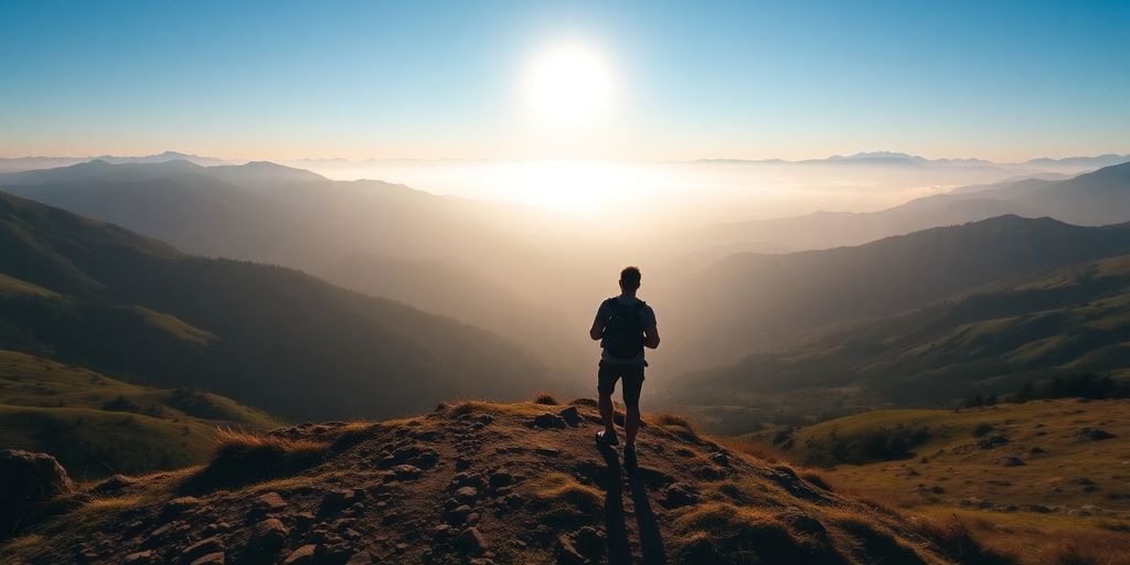 Person hiking on mountain path at sunset.