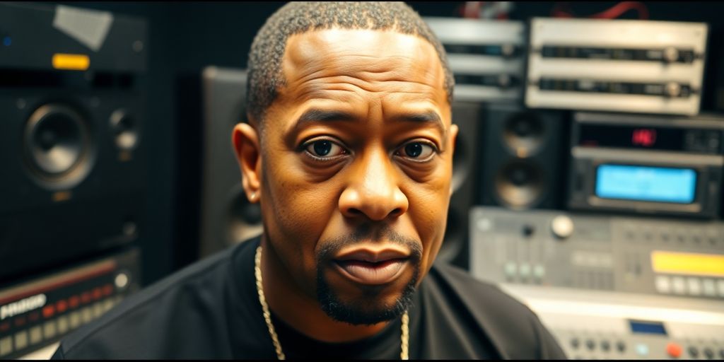 Dr. Dre with headphones and studio equipment.
