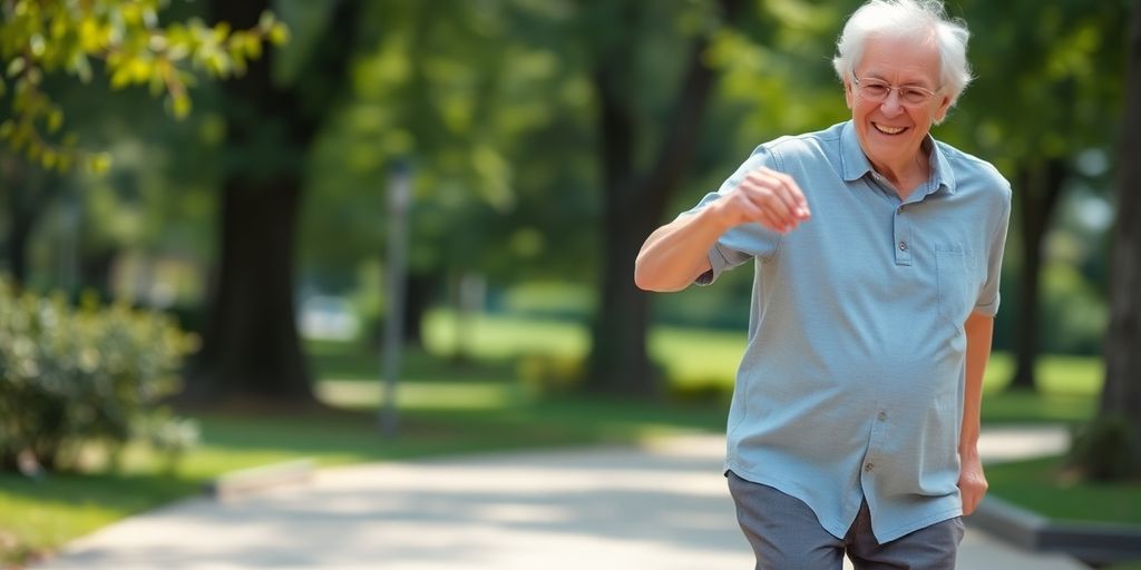 Elderly person gracefully balancing on one leg outdoors.