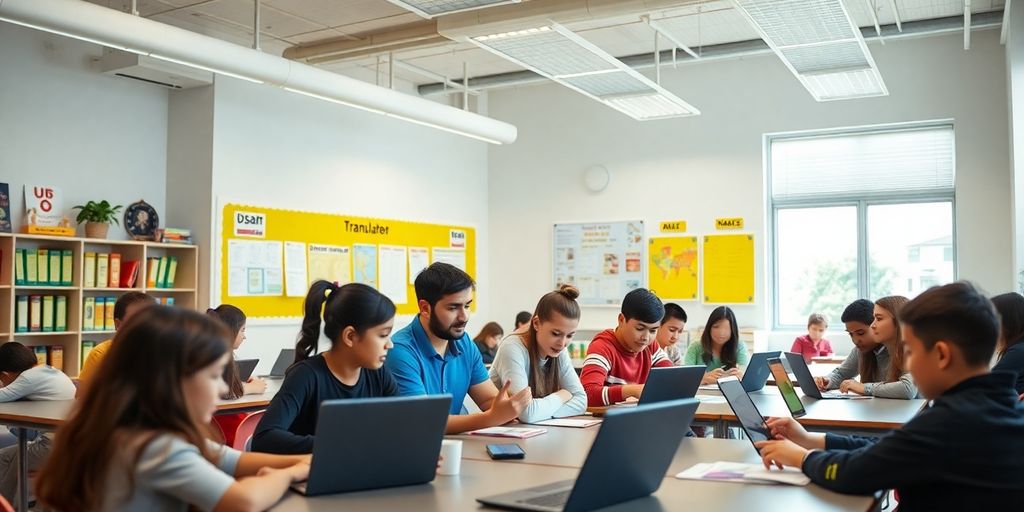 Diverse students collaborating with technology in a bright classroom.