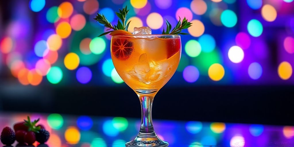 Colorful cocktail glass with garnish on a bright background.