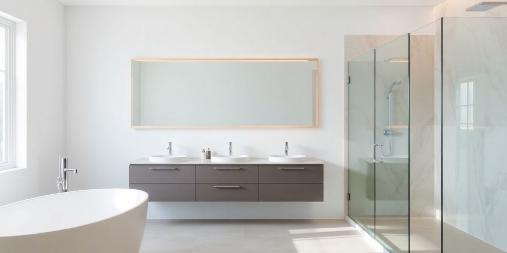 Modern European bathroom interior with stylish fixtures.