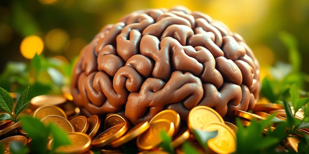 Brain surrounded by gold coins and greenery, symbolizing wealth.