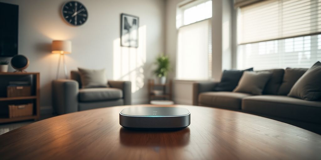 Smart home hub controlling British living room.