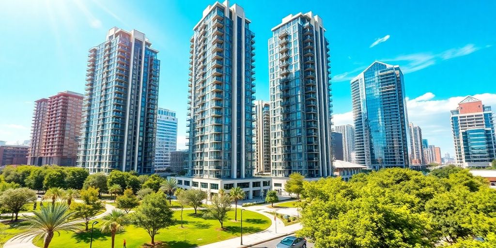 Modern Austin skyline with green spaces, sleek apartments.