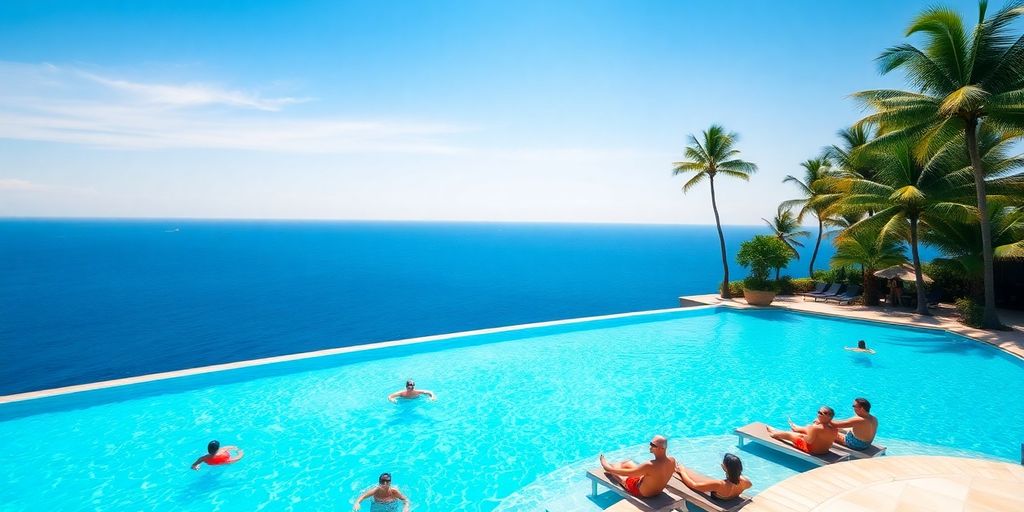 Tourists enjoying infinity pool overlooking the ocean.