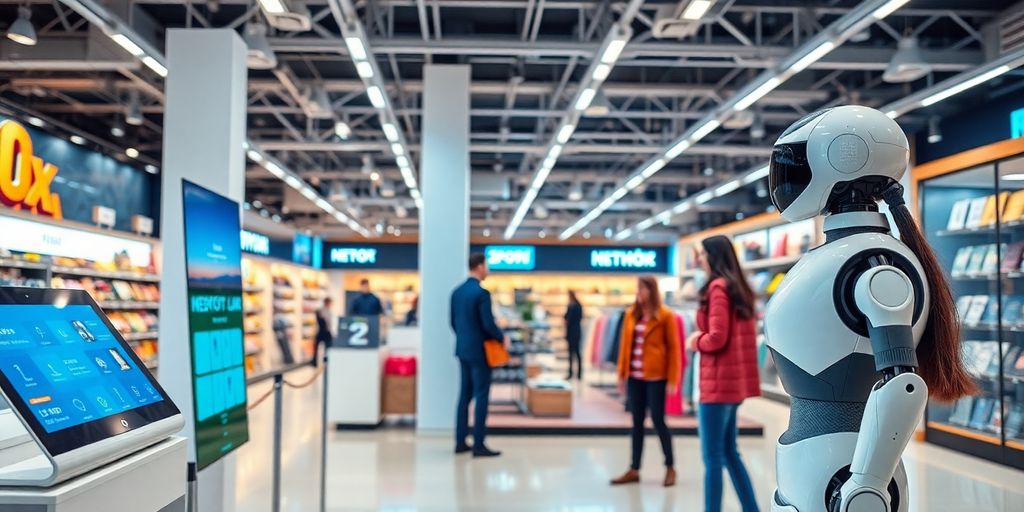 Robotic assistant in a modern retail environment with shoppers.