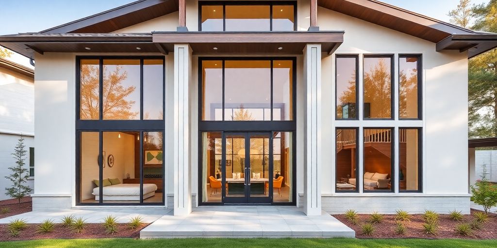Modern custom home exterior with large windows.
