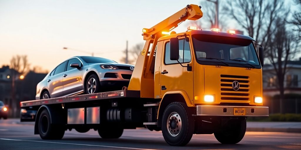 Camión de remolque amarillo brillante remolcando un coche.