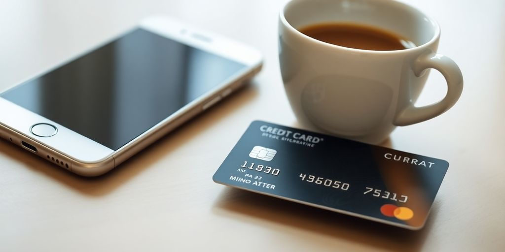 Cartão de crédito ao lado de celular e café.