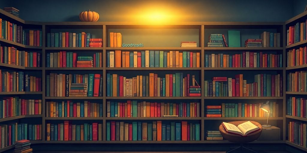 Colorful bookshelf filled with diverse books and reading nooks.