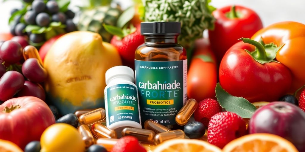 Carbamide Forte Probiotics capsules with fresh produce.