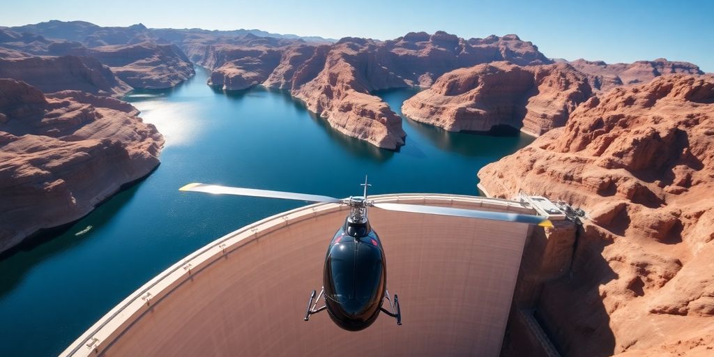 A modern helicopter flying over the massive Hoover Dam.