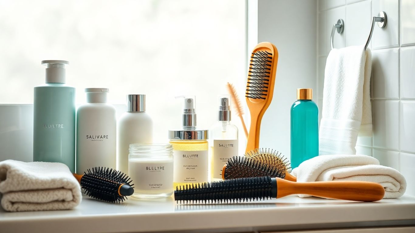 Assorted haircare products on a clean bathroom countertop.