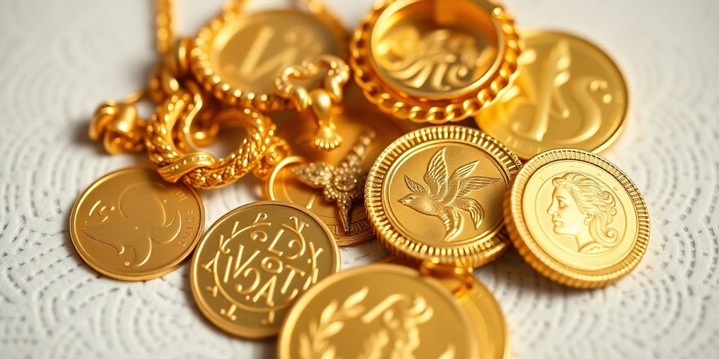 Bijoux et pièces d'or hérités sur une surface douce.