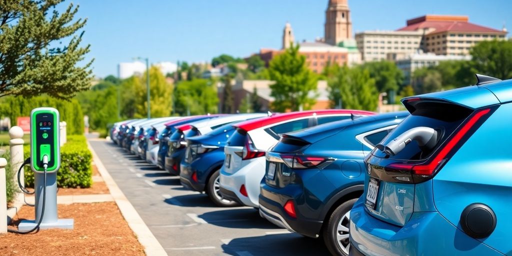 Electric vehicle charging stations in a picturesque setting.