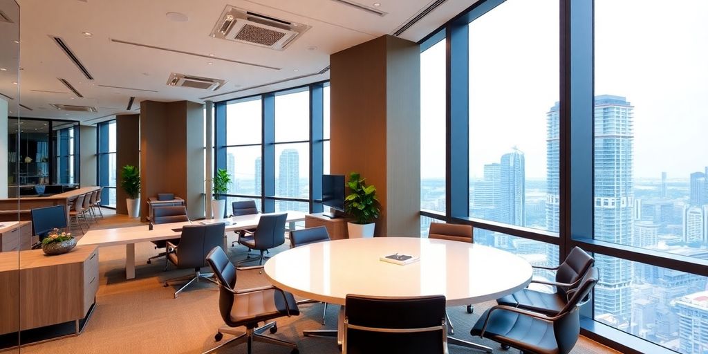 Modern office interior with city view in Singapore.