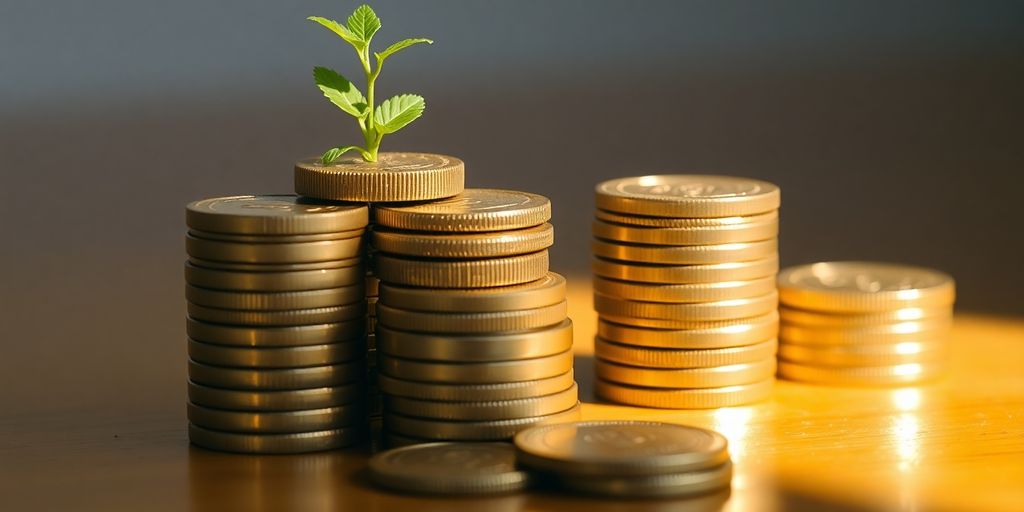 Coins stacked with small plant