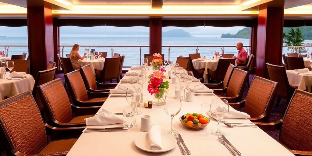 Elegant dining setup on a Paul Gauguin cruise.
