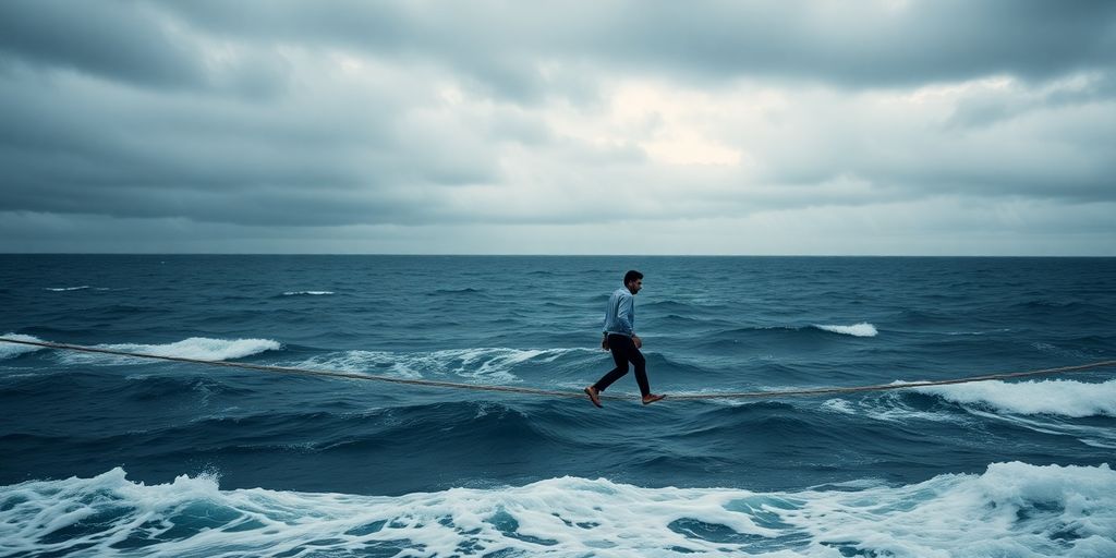 Man walking tightrope over stormy financial sea.