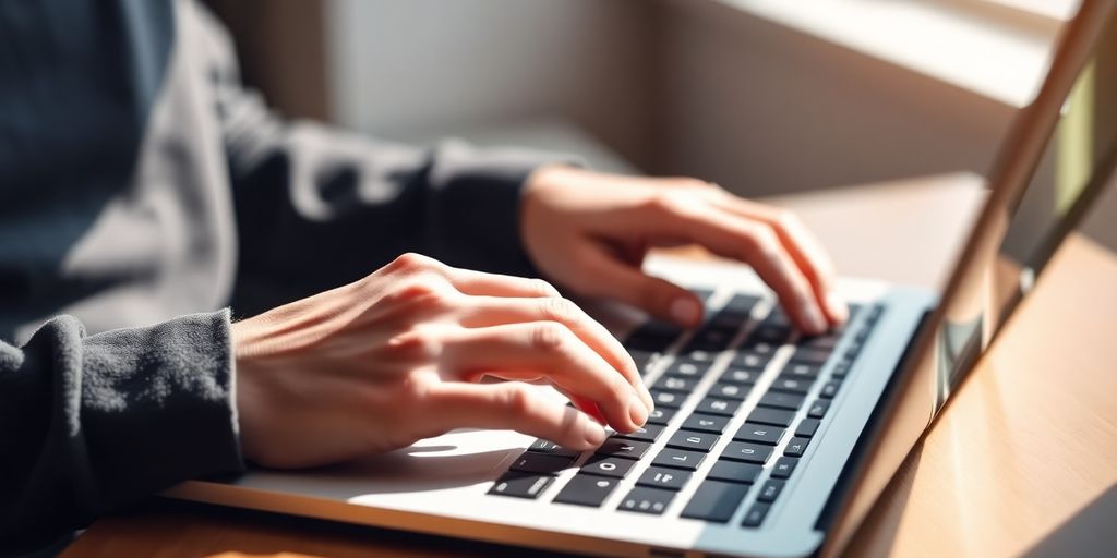 Person typing on a laptop in a cozy setting.