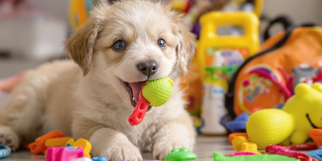 Happy puppy biting a toy during training session.