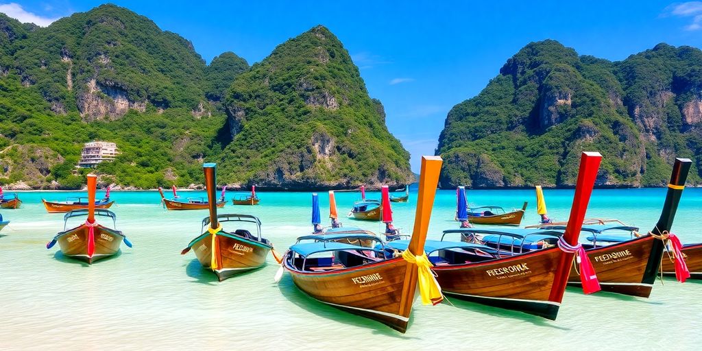 Longtail boats moored at a beautiful tropical beach.