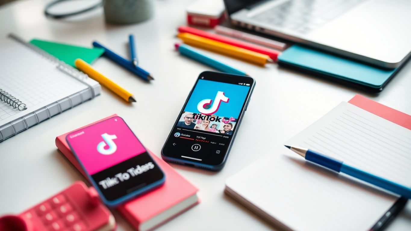 Smartphone with TikTok videos and creative workspace.