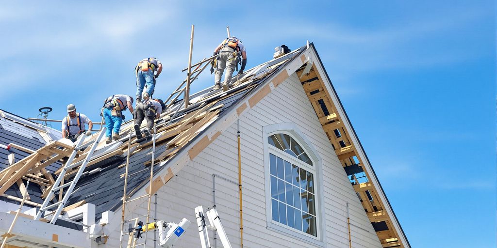 Home undergoing roof replacement with workers and tools.