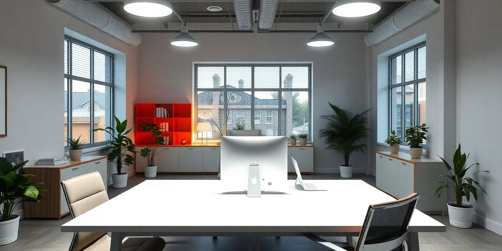 Helle Büroumgebung mit Tageslichtlampen und Pflanzen.