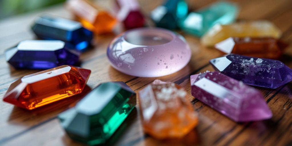 Cristalli colorati disposti in cerchio su legno