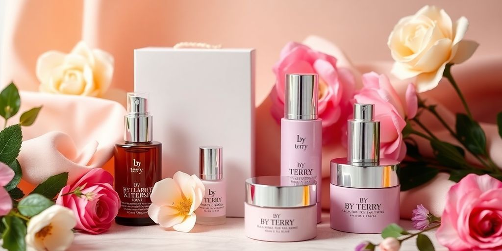 By Terry skincare products with elegant packaging and flowers.