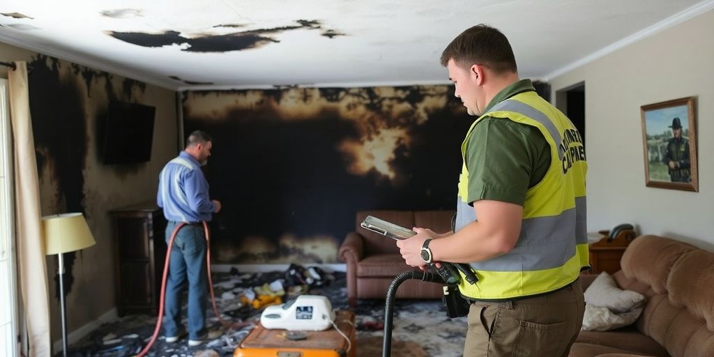 Professional inspecting fire damage in a home.