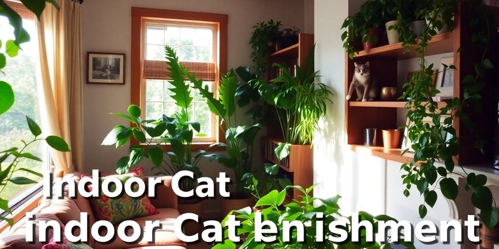 Cat playing among indoor plants in a sunny space.